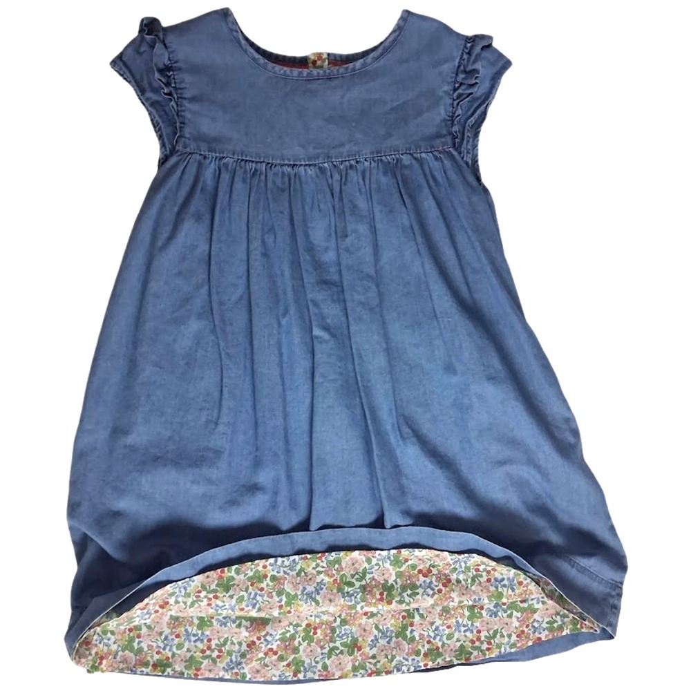 Mini Boden Jean Dress Floral Lining Girls Sz 9 10 Cotton Short Sleeve Solid